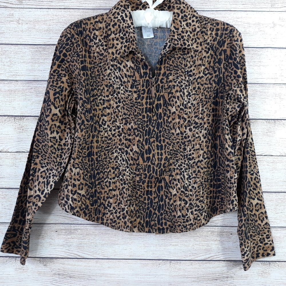 Coldwater Creek Leopard Zip Front Blouse